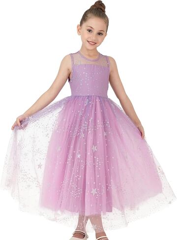 2Bunnies Girls’ Sparkle Star Mesh Illusion Neck A-Line Tulle Maxi Dress in Kuwait