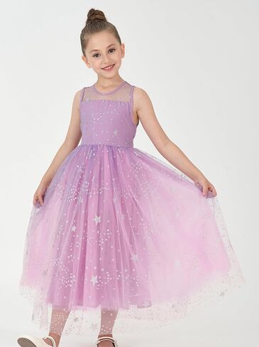 2Bunnies Girls’ Sparkle Star Mesh Illusion Neck A-Line Tulle Maxi Dress in Kuwait