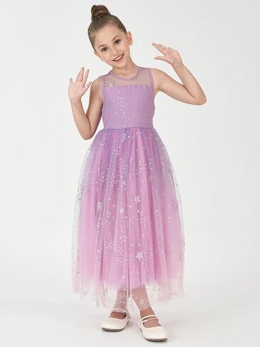 2Bunnies Girls’ Sparkle Star Mesh Illusion Neck A-Line Tulle Maxi Dress in Kuwait