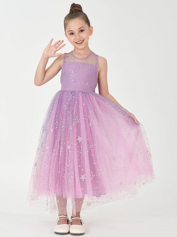 2Bunnies Girls’ Sparkle Star Mesh Illusion Neck A-Line Tulle Maxi Dress in Kuwait