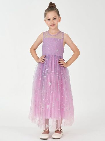2Bunnies Girls’ Sparkle Star Mesh Illusion Neck A-Line Tulle Maxi Dress in Kuwait