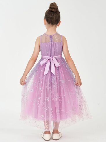 2Bunnies Girls’ Sparkle Star Mesh Illusion Neck A-Line Tulle Maxi Dress in Kuwait
