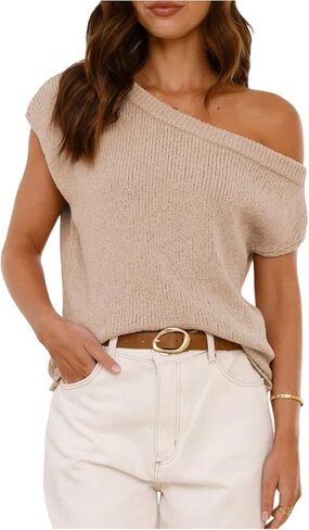 WDIRARA Women's One Shoulder Short Sleeve Sweater Asymmetrical Loose Knitted Top in Saudi Arabia