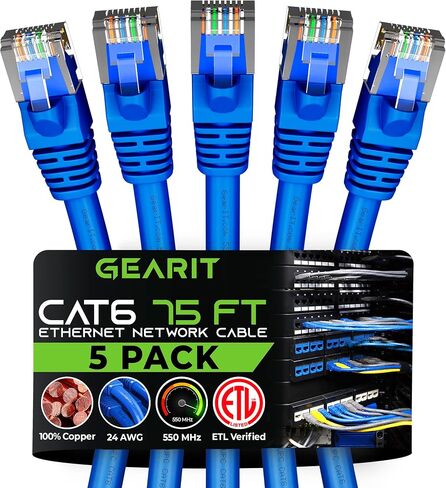 GearIT 5 Pack، كابل Cat 6 Ethernet Cat6 Snagless Patch 25 قدم - سلك شبكة LAN للكمبيوتر، أزرق - متوافق مع 5 منافذ Switch POE 5port Gigabit in Saudi Arabia
