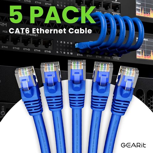 GearIT 5 Pack، كابل Cat 6 Ethernet Cat6 Snagless Patch 25 قدم - سلك شبكة LAN للكمبيوتر، أزرق - متوافق مع 5 منافذ Switch POE 5port Gigabit in Saudi Arabia
