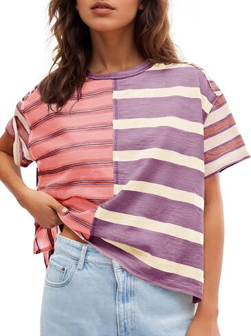 Tankaneo Womens Summer Summer Striped Dorts Disual Block Block Short Sleeve Tops Lourd Fit Fit Crew Tees in Saudi Arabia