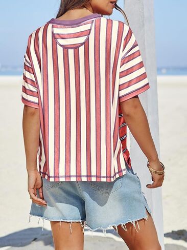 Tankaneo Womens Summer Summer Striped Dorts Disual Block Block Short Sleeve Tops Lourd Fit Fit Crew Tees in Saudi Arabia