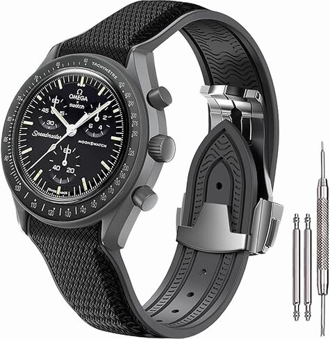 Strap for Omega×Swatch MoonSwatch Watch, 20mm Curved No Gap Rubber Strap,Folding Buckle Band Compatible with Omega×Swatch Moonswatch Speedmaster Watch Men Women-Black in Kuwait