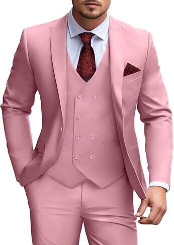 Mens Suit Slim Fit 3 Piece Double Breasted Vest Suit Blazer Vest and Pants in Kuwait