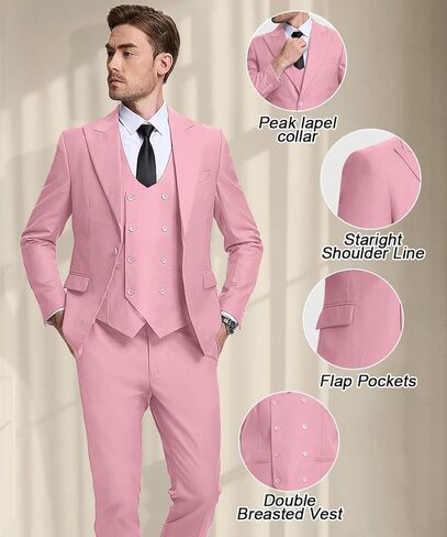 Mens Suit Slim Fit 3 Piece Double Breasted Vest Suit Blazer Vest and Pants in Kuwait