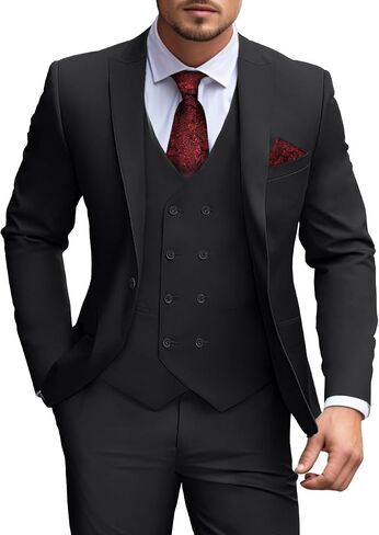 Mens Suit Slim Fit 3 Piece Double Breasted Vest Suit Blazer Vest and Pants in Kuwait