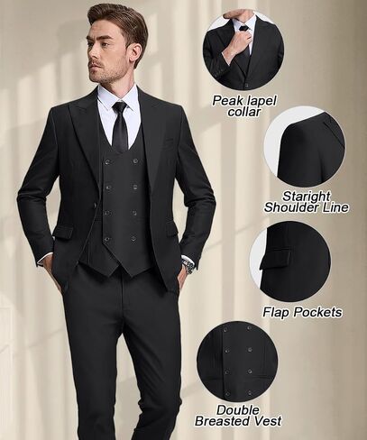 Mens Suit Slim Fit 3 Piece Double Breasted Vest Suit Blazer Vest and Pants in Kuwait