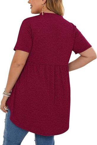 PLOKNRD Women's Plus Size Tops Short Sleeve Henley V Neck Button Up Flowy T Shirts Tunic Loose Blouses Dark Green in Saudi Arabia