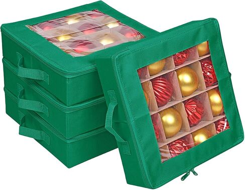 ProPik 4 Pcs Christmas Ornament Storage Boxes with Dividers | 4 Individual Trays Hold 64 Holiday Decoration Balls | Durable Ornaments Organizer Storage Box | Zippered Closure with Handles (Green) in Kuwait