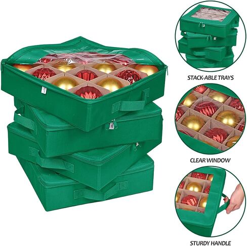 ProPik 4 Pcs Christmas Ornament Storage Boxes with Dividers | 4 Individual Trays Hold 64 Holiday Decoration Balls | Durable Ornaments Organizer Storage Box | Zippered Closure with Handles (Green) in Kuwait