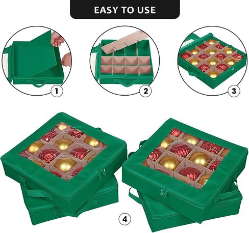 ProPik 4 Pcs Christmas Ornament Storage Boxes with Dividers | 4 Individual Trays Hold 64 Holiday Decoration Balls | Durable Ornaments Organizer Storage Box | Zippered Closure with Handles (Green) in Kuwait