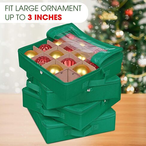 ProPik 4 Pcs Christmas Ornament Storage Boxes with Dividers | 4 Individual Trays Hold 64 Holiday Decoration Balls | Durable Ornaments Organizer Storage Box | Zippered Closure with Handles (Green) in Kuwait