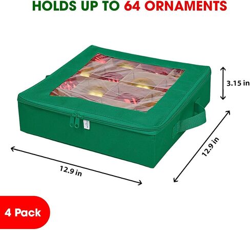 ProPik 4 Pcs Christmas Ornament Storage Boxes with Dividers | 4 Individual Trays Hold 64 Holiday Decoration Balls | Durable Ornaments Organizer Storage Box | Zippered Closure with Handles (Green) in Kuwait