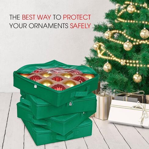 ProPik 4 Pcs Christmas Ornament Storage Boxes with Dividers | 4 Individual Trays Hold 64 Holiday Decoration Balls | Durable Ornaments Organizer Storage Box | Zippered Closure with Handles (Green) in Kuwait