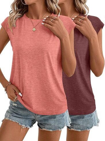 Bliwov 2 حزمة إمرأة بلايز كم كاب تي شيرت 2024 Crewneck بلوزة فضفاضة الصيف أزياء الملابس الأساسية عارضة المحملة in Kuwait