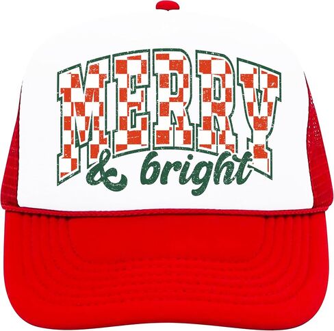Vintage Merry and Bright Check Trucker Hat Retro Unisex Christmas Hat in Saudi Arabia