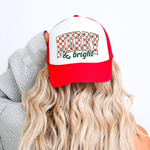 Vintage Merry and Bright Check Trucker Hat Retro Unisex Christmas Hat in Saudi Arabia