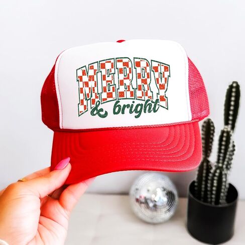 Vintage Merry and Bright Check Trucker Hat Retro Unisex Christmas Hat in Saudi Arabia