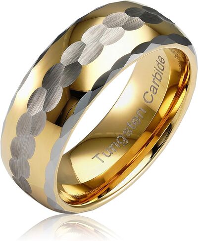 100S JEWELRY Engraved Personalized Tungsten Ring Men's Wedding Band Two Tone Gold Silver Hammer Finish Facet Cut Edge Size 6-16 in Saudi Arabia