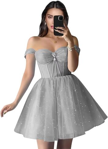 Sparkly Tulle Homecoming Dresses Off Shoulder Sweetheart Cocktail Party Dress A Line Puffy Short Prom Dress in Saudi Arabia