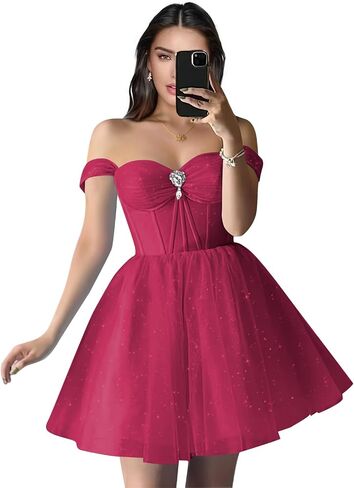 Sparkly Tulle Homecoming Dresses Off Shoulder Sweetheart Cocktail Party Dress A Line Puffy Short Prom Dress in Saudi Arabia