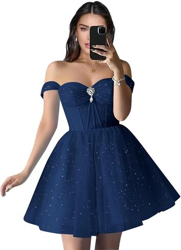 Sparkly Tulle Homecoming Dresses Off Shoulder Sweetheart Cocktail Party Dress A Line Puffy Short Prom Dress in Saudi Arabia
