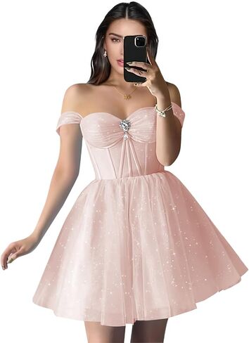 Sparkly Tulle Homecoming Dresses Off Shoulder Sweetheart Cocktail Party Dress A Line Puffy Short Prom Dress in Saudi Arabia