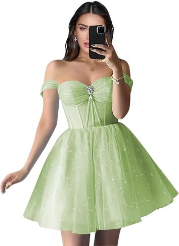 Sparkly Tulle Homecoming Dresses Off Shoulder Sweetheart Cocktail Party Dress A Line Puffy Short Prom Dress in Saudi Arabia