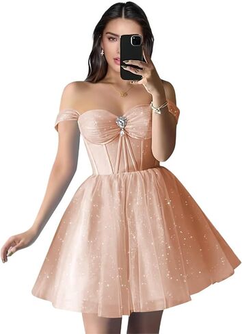 Sparkly Tulle Homecoming Dresses Off Shoulder Sweetheart Cocktail Party Dress A Line Puffy Short Prom Dress in Saudi Arabia