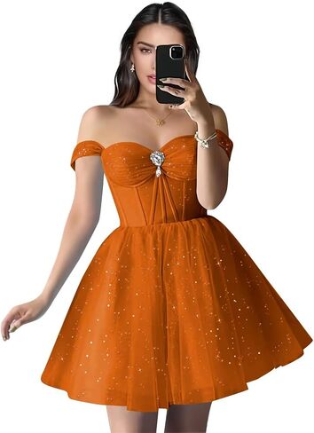 Sparkly Tulle Homecoming Dresses Off Shoulder Sweetheart Cocktail Party Dress A Line Puffy Short Prom Dress in Saudi Arabia