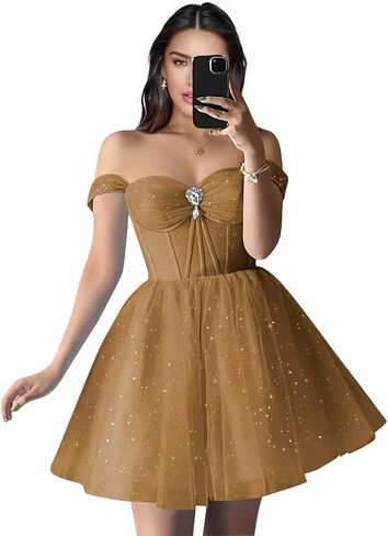 Sparkly Tulle Homecoming Dresses Off Shoulder Sweetheart Cocktail Party Dress A Line Puffy Short Prom Dress in Saudi Arabia