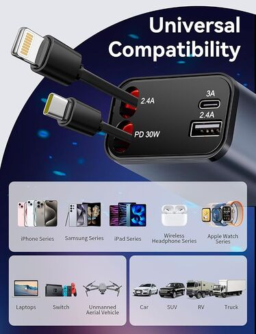 شاحن سيارة قابل للسحب، شاحن هاتف سيارة سريع 4 في 1 بقدرة 68 وات، كابلات USB قابلة للسحب، شاحن سيارة USB، شاحن سيارة متعدد، محول شاحن سيارة لهاتف iPhone 15/14/13/12/11 وGalaxy وPixel والمزيد in Saudi Arabia