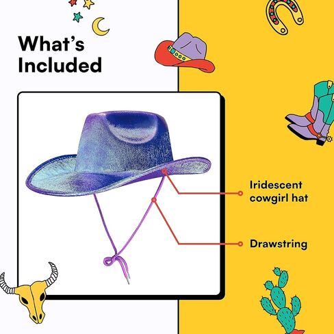 Watt's Wigs Cowgirl Hats for Women – Glitter Cowboy Hats – Iridescent Finish, Removable Drawstring – One Size Country Hat in Kuwait