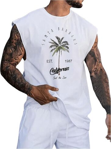 Men's Tropical Sleeveless Beach Tank Top Crew Neck Cut Off Vacation Summer Tanks in Saudi Arabia