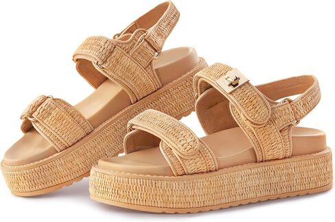 VARECOLA Women’s Platform Sandals, Raffia Comfortable Chunky Flat Woven Sandals Open Toe Shoes for Summer Beach in Kuwait