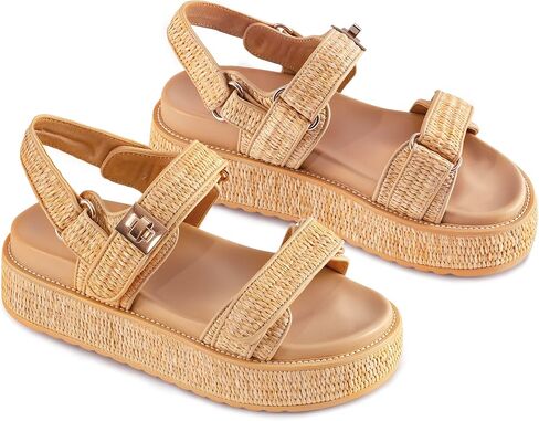 VARECOLA Women’s Platform Sandals, Raffia Comfortable Chunky Flat Woven Sandals Open Toe Shoes for Summer Beach in Kuwait