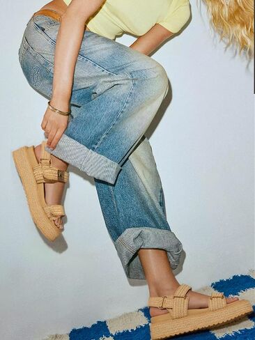 VARECOLA Women’s Platform Sandals, Raffia Comfortable Chunky Flat Woven Sandals Open Toe Shoes for Summer Beach in Kuwait
