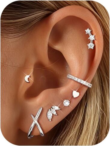 JSTYLE 14K أقراط ذهبية للنساء العصرية Hypoallergenic Surgical Steel Congring مجموعات حرك الغضاريف لمجموعة متعددة من الأزرار الصغيرة CZ Cuffs in Saudi Arabia