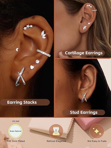 JSTYLE 14K أقراط ذهبية للنساء العصرية Hypoallergenic Surgical Steel Congring مجموعات حرك الغضاريف لمجموعة متعددة من الأزرار الصغيرة CZ Cuffs in Saudi Arabia