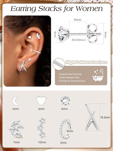 JSTYLE 14K أقراط ذهبية للنساء العصرية Hypoallergenic Surgical Steel Congring مجموعات حرك الغضاريف لمجموعة متعددة من الأزرار الصغيرة CZ Cuffs in Saudi Arabia