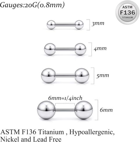 Ruifan 20G 18G 16G Titanium Earrings Studs Set for Sensitive Ears Hypoallergenic Piercing Jewelry Internally Threaded Cartilage Conch Helix Rook Tragus Earring Hoop Eyebrow For Women Men Ball 3-6mm in Saudi Arabia