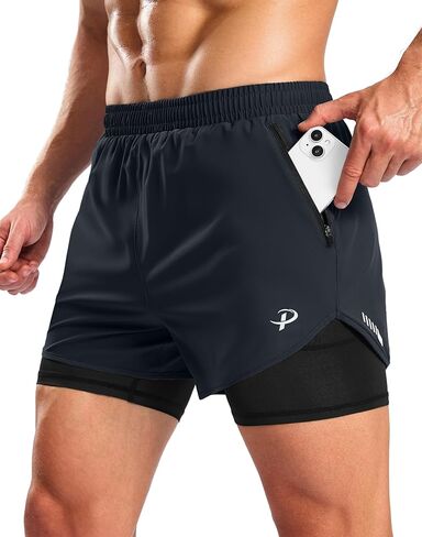 Pudolla Men's 2 in 1 Workout Running Shorts 5" with Zipper Phone Pockets Quick Dry Gym Athletic Shorts with Compression Liner in Saudi Arabia