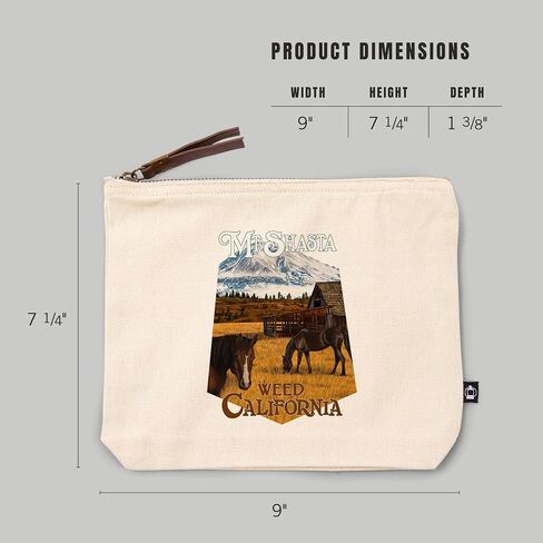 Lantern Press Mt. Shasta ، Weed ، California ، Horses and Mountain ، حقيبة سحاب من القطن 100 ٪ ، ملحق السفر ، GO BAG in Saudi Arabia