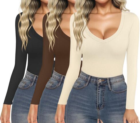 Ekouaer 3 Pack Long Sleeve Shirts for Women Deep V Neck Basic Thermal Tops Base Layer Undershirts S-XXL in Saudi Arabia