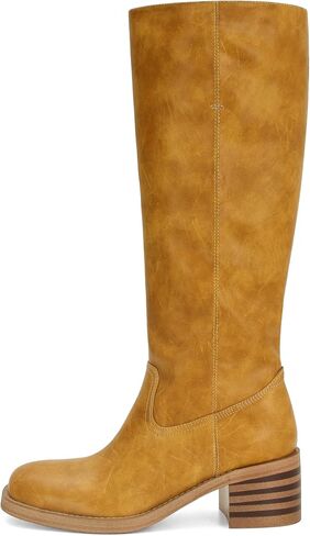 DOEYG Banana Knee High Boots for Women Square Toe Riding Boots Chunky Block Heel Tall Boots Pull on Wide Calf Comfortable Motorcycle Biker Boots Yellow Size 9 in Kuwait